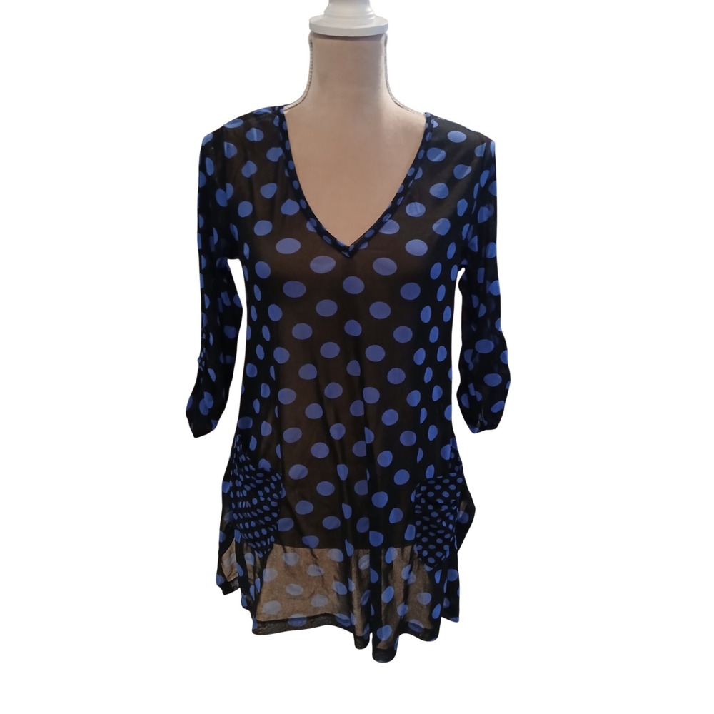 Womens Blue Polka Dot Mesh Tunic  Top V-Neck 3/4 Sleeve Black Medium Twee Artsy